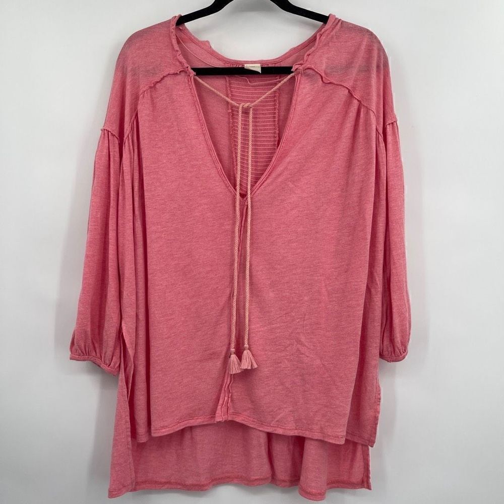 We The Free Women's Long Sleeve V-Neck Tasseled Necktie Flowy Pink Top Size S
